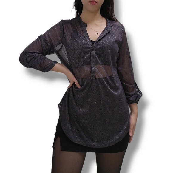 Lynn Ryan Sheer Black Blouse with Silver Glitter Size Large (L) Long Sleeve NWT - Picture 11 of 12